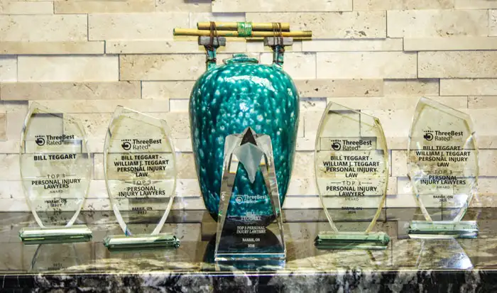 Several awards on display in the Teggart Injury Law office.