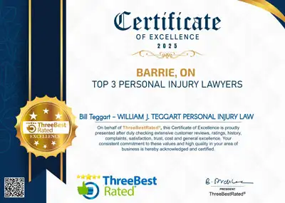 Certificate of Excellence 2025 - Barrie, ON - Top 3 Personal Injury Lawyers - Bill Teggart, William J. Teggart Personal Injury Law